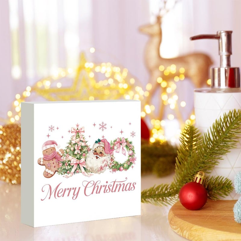 FXEFXE Pink Christmas Decor, Christmas Decorations Indoor, Coquette Bow Xmas Tree Santa Claus Gingerbread Sign Gift for Women Friends, Rustic Wooden Box Sign for Home Office Bedroom Desk Decor 5x5 Inches - Image 5